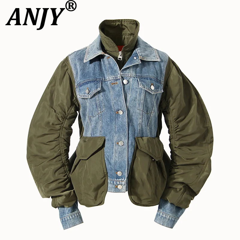 

ANJY Winter New Women Padded Coat Denim Patchwork Contrast Color Single Breasted Fake Two Pieces Elegant Chic High Street A10058