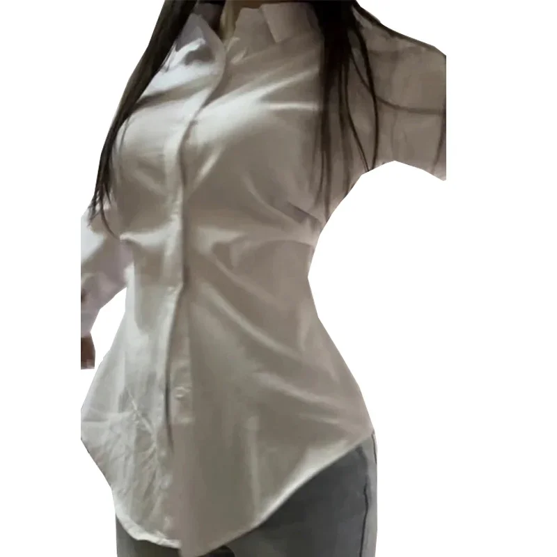 

2025 французский дизайн, белые милые рубашки с длинными рукавами, женские повседневные блузки с разрезом, уличная одежда, тонкие шикарные свободные рубашки с талией, топы