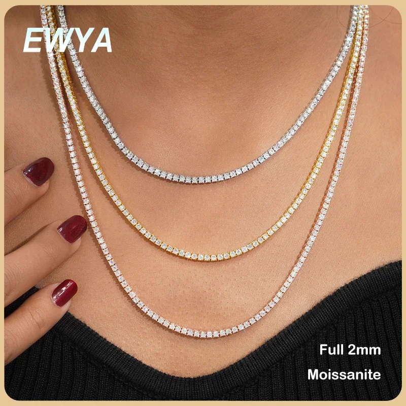 EWYA Full 2mm Moissanite VVS Micro Tennis Chain for Women Men 925 Silver Passes Diamond Tester 16 18 20 24 inch Necklace Gift