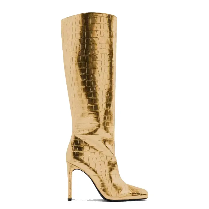 

Winter 2024 Women's new style square head super high thick heel side zipper stone grain gold knee high boots