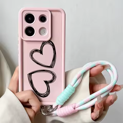 Love Heart Wrist Chain Phone Case For Xiaomi 14 12 13 13T 11T 12T Poco X6 X5 X3 F3 F5 Pro Lite Ultra Hang Strap Lanyard Cover