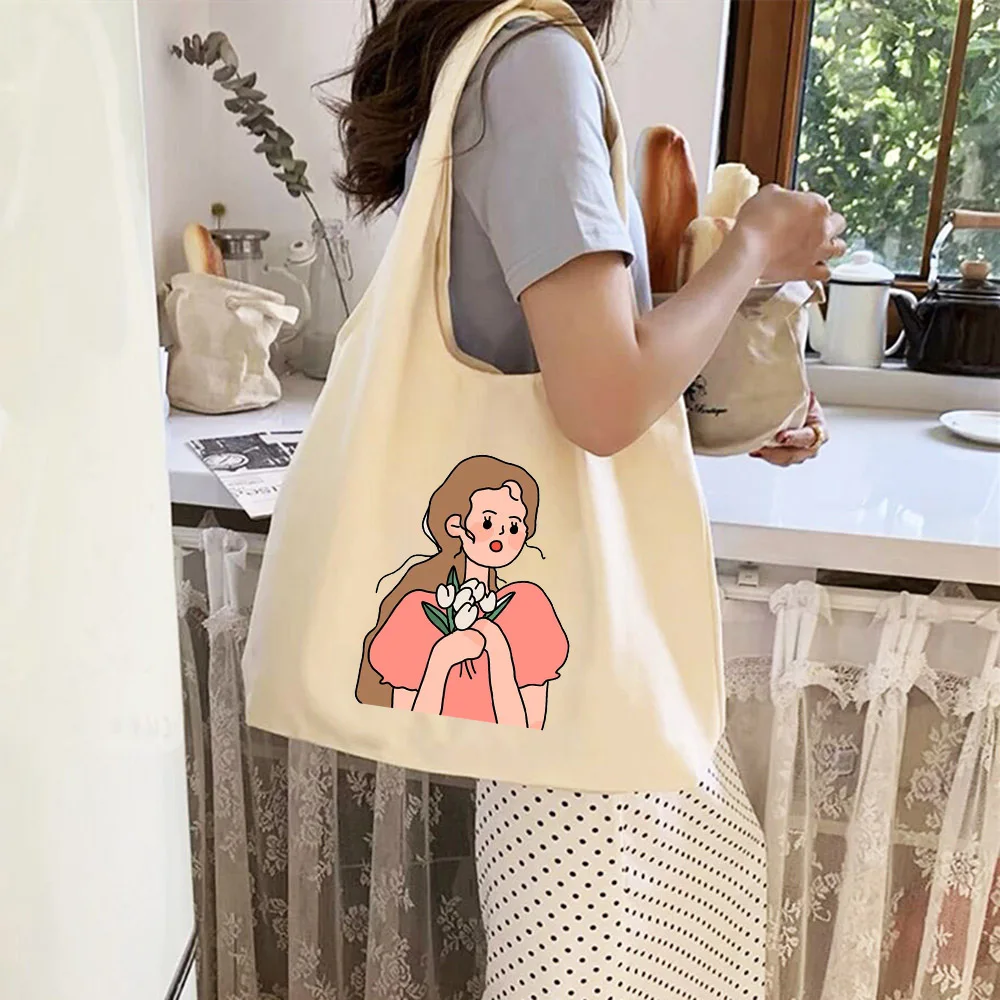 

Cartoon Girls Print Canvas Shoulder Bag Female Shopping Bags Student's Book Bag Cotton Harajuku Handbags Tote Bag for Young Girl