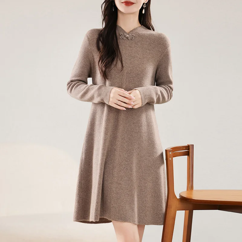 New 100% Merino Wool Knitted Women\'s Dress Hot Selling in Winter  Autumn and Winter Women\'s Dress Slimming Long Women\'s Dress