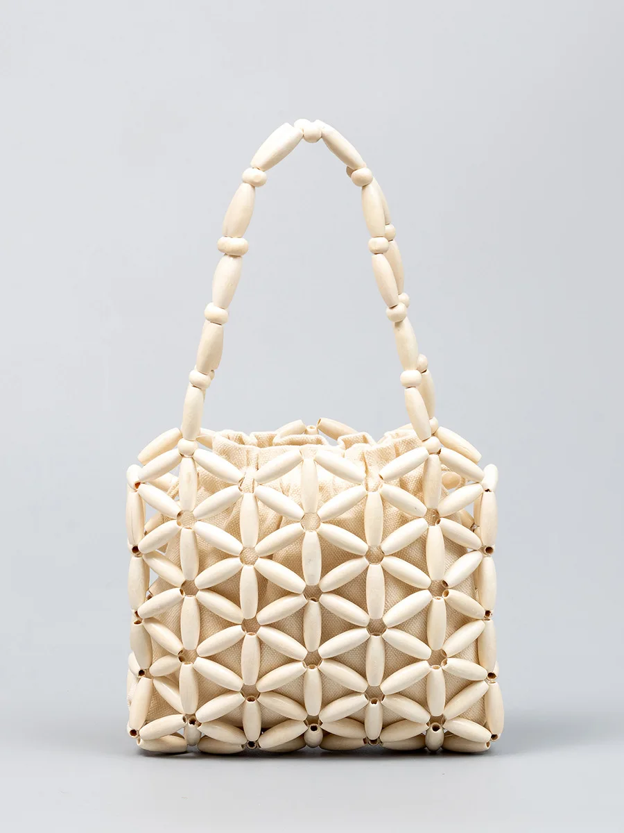 

Women Woven Hand Bag Summer Design Hollow-out Wooden Bead Tote Bucket Shoulder Bag Female Reticulate Netted Canvas Beach Handbag