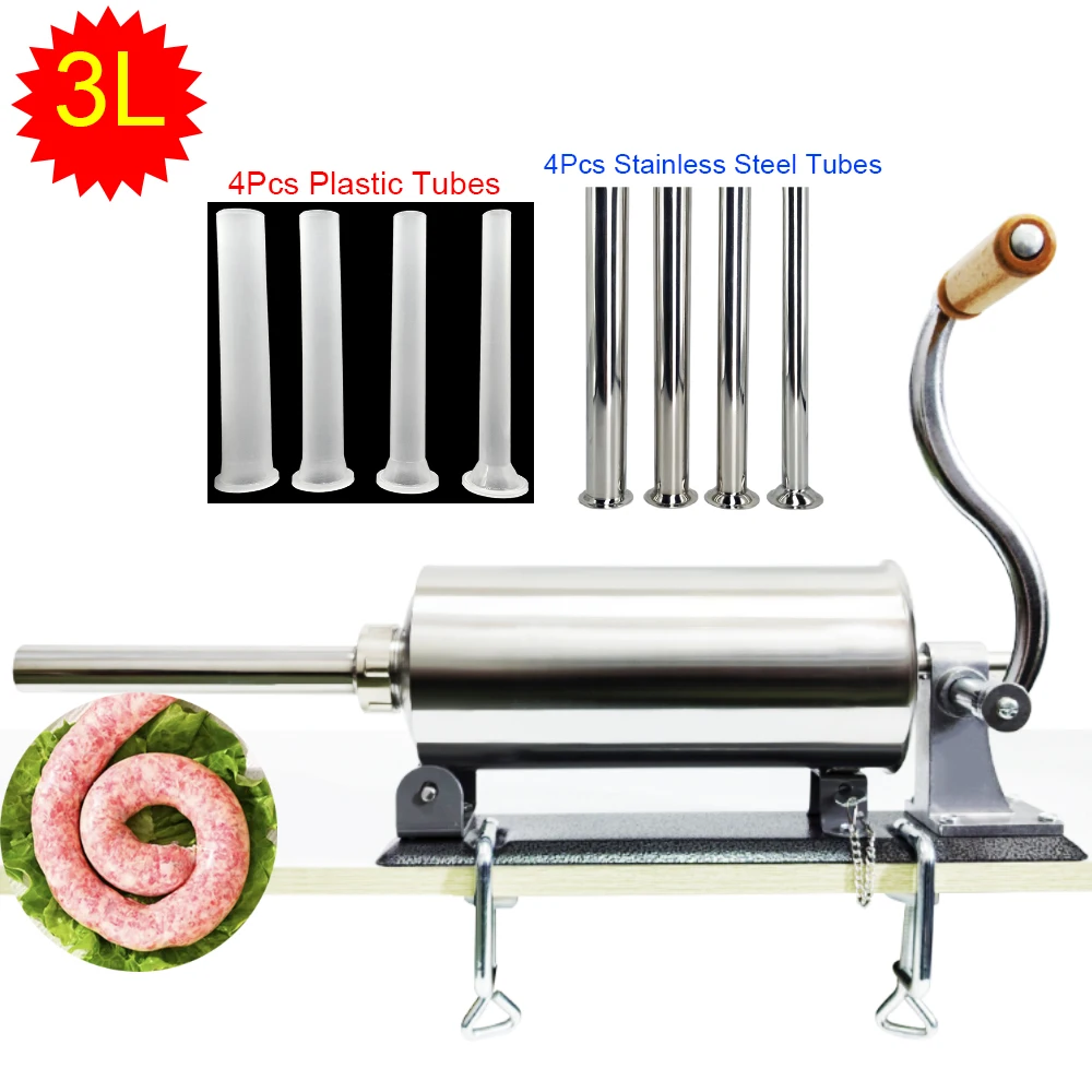 3L Sausage Stuffer With 8Pcs Tubes, Machine Manual Stainless Steel Horizontal Sausage Maker Filling Filler