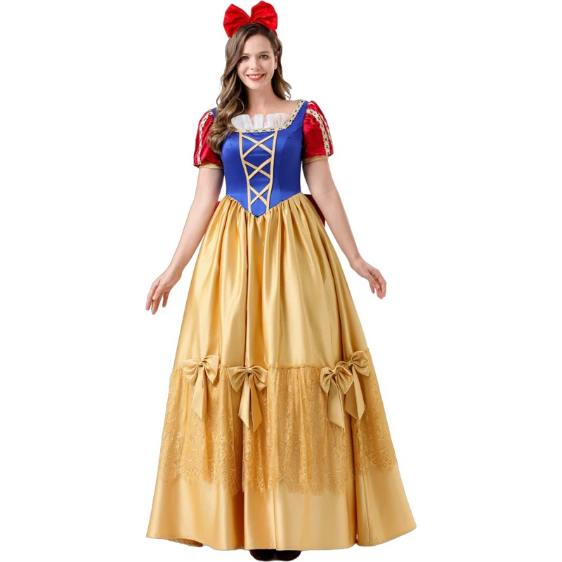 

Deluxe Snow White Princess Queen Costume Golden Skirt Hem Birthday Party Gown Cosplay Carnival Halloween Fancy Party Dress