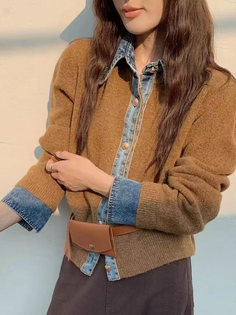 Women's Knitted Sweater Autumn Korean Style Chic Loose Fit Denim Patchwork Slimming Open Front Top Casual Long Sleeve  Neck