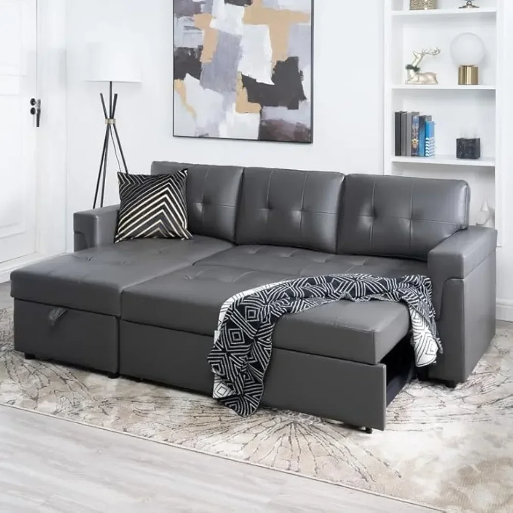 Leather Sofa ,with Storage Chaise, Pull-Out Couch with Storage, Sectional Sofas Bed, L-Shaped, Tufted Sectional Sofa Sleeper