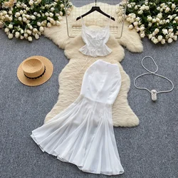 Women Vintage Two Pieces Skirt Sets Women sweet lace slip Crop Top  Elastic Waist High mesh Elastic Waist mermaid Drees