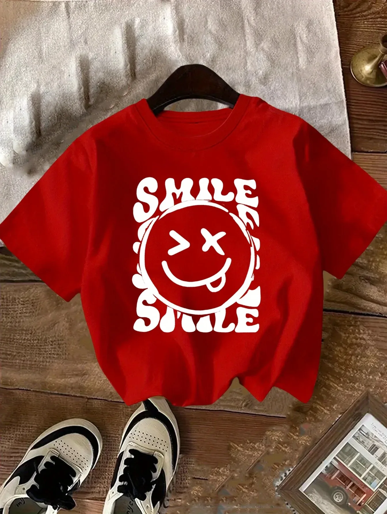 2026 Summer T-Shirt for Girls, Round Neck, Pure Cotton, with Smiley Face Design, Cute, Short Sleeve, Breathable and Casual