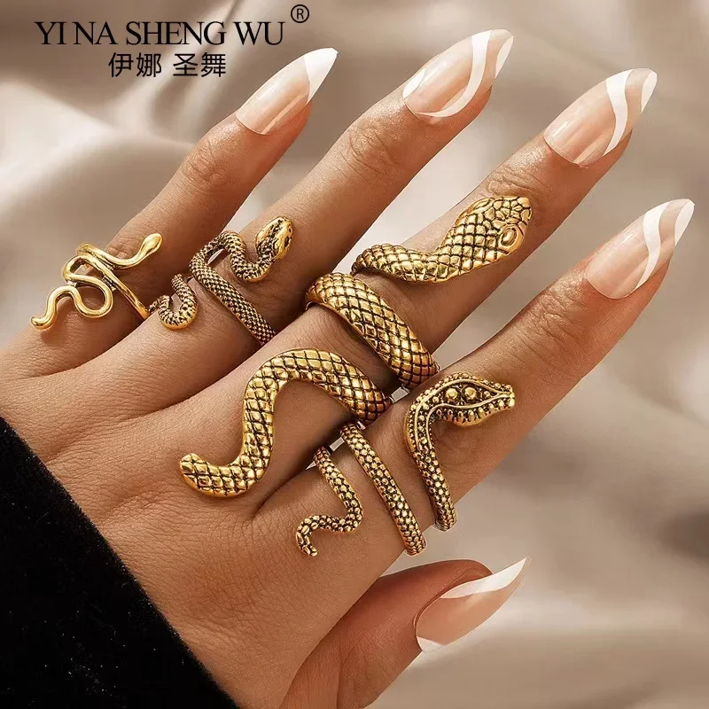 Vintage Long Snake Ring Set for Women Gothic Black Gold Silver Color Adjustable Finger Ring Jewelry Accessories Cool Female Gift