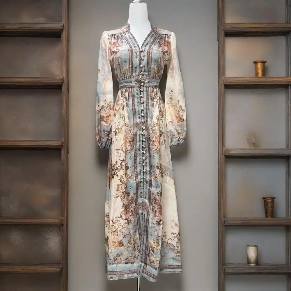 

’‘’Vintage Print Enhances EleganceVSingle-Breasted Puff Sleeve Waist-Cinching Slit Linen Long Casual Dress for Women