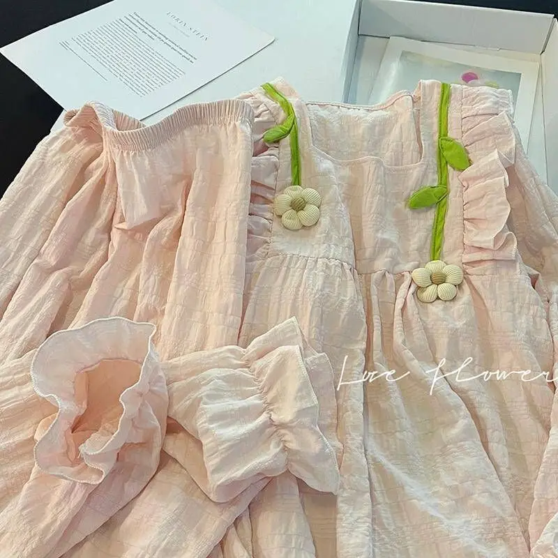 Women's 2-Piece Solid Color Autumn Pajama Set Long Sleeve Comfortable Floral Lined Loungewear Cute Sweet Sleepwear