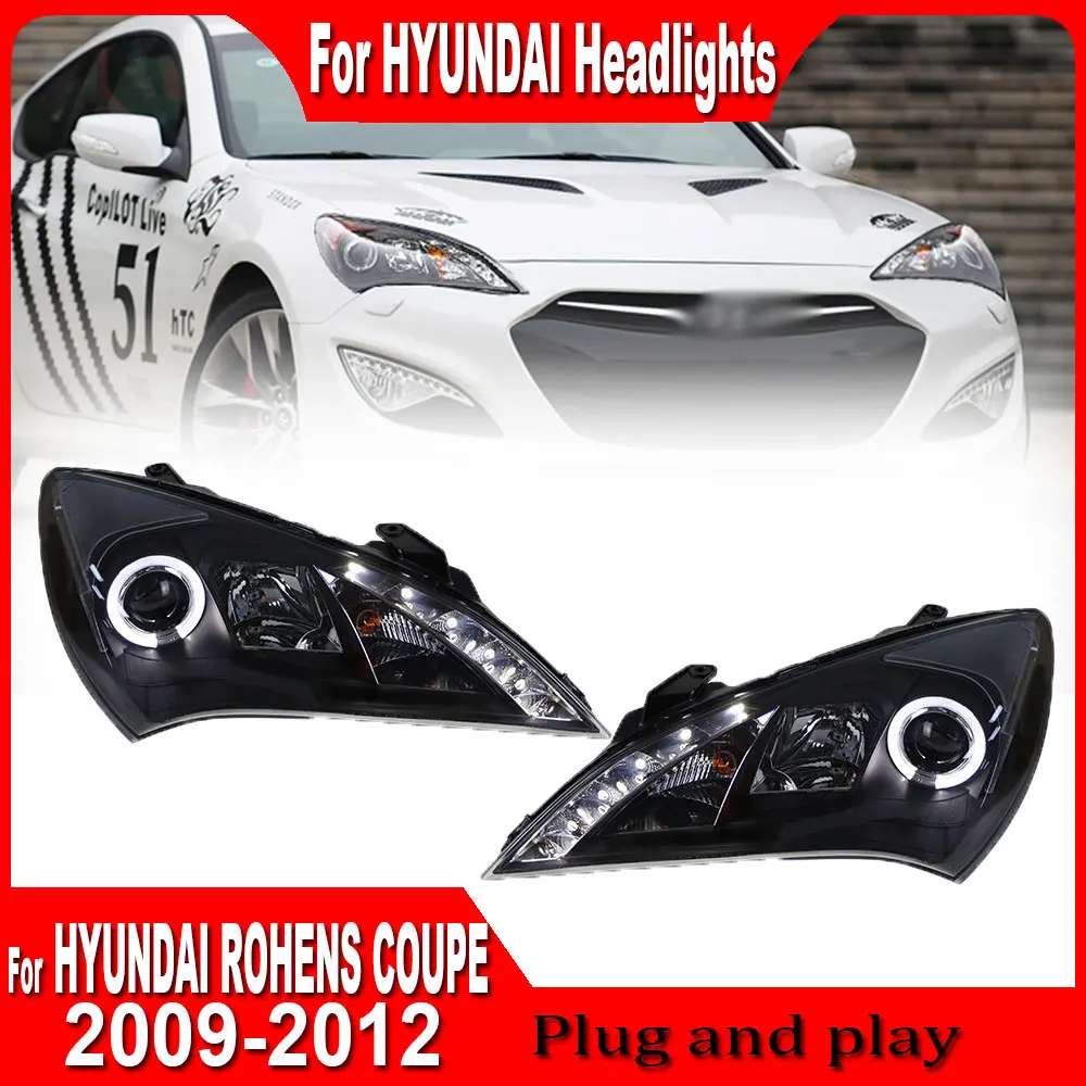 2pc Car Headlights For Hyundai Rohens Coupe 2009 2010 2011 2012 Front Lights LED DRL Yellow Turn Signal HeadLamps Auto Assembly