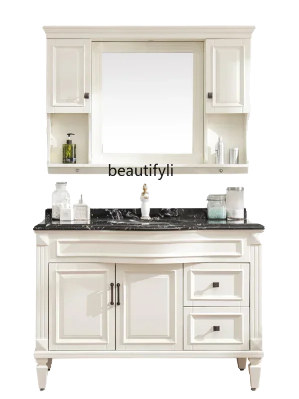 

A American oak bathroom cabinet, smart mirror cabinet, curved solid wood floor-to-ceiling marble sinkHY