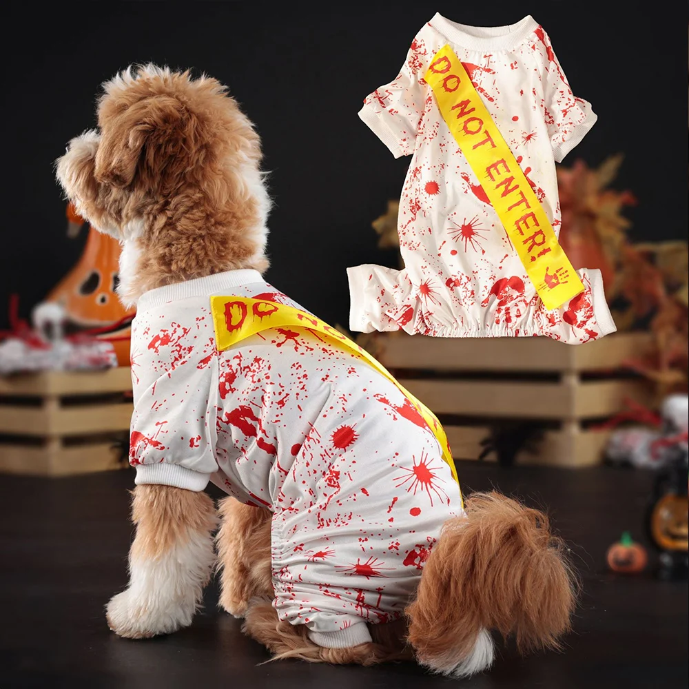 

Halloween Dog Clothes Pet Cosplay Costume Dog Dress Blood Strip Seal Print Dog Jumpsuit 4-Legged Pet Skirts DIY Festival Apparel