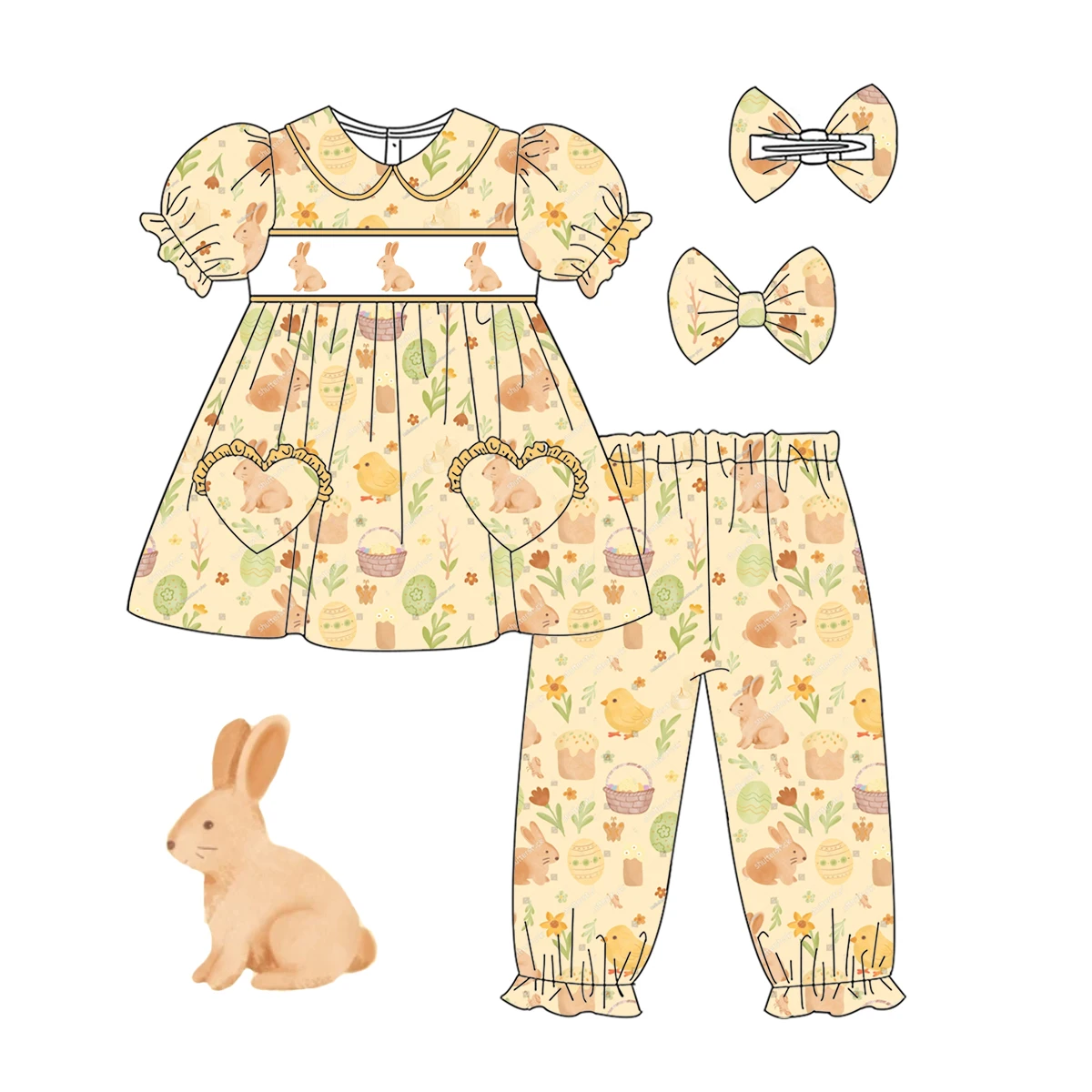 New Hot Selling Girls Boys Suit Lapel Short Sleeve Trousers Easter Bunny Egg Print Pajama Suit Boutique Children Suit