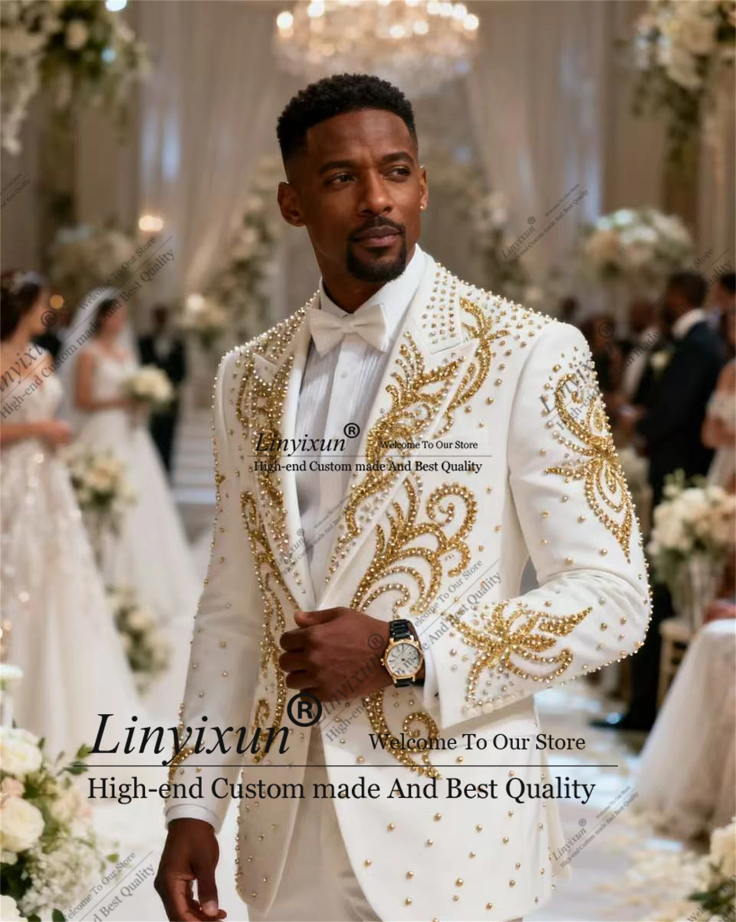 

Elegant Metal Embellished Men Suits Customized Diamond Male Party Prom Blazers Costume Homme 2 Pieces Wedding Groom Tuxedos