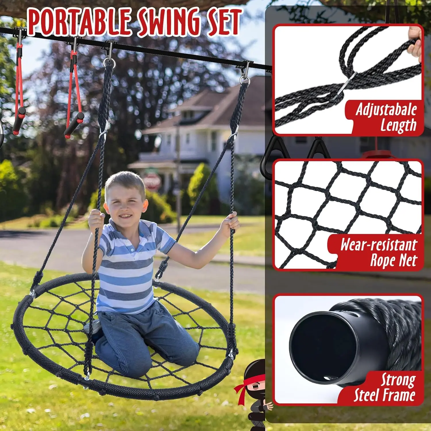 50 ft Ninja Warrior Obstacle Course for Kids with Tree Swing, Portable Slackline Swing Set with Weather-Proof Obstacles, Tree Ju