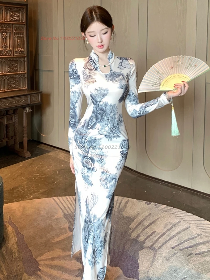 

2025 oriental sexy nightclub dress improved cheongsam traditional flower print partial open collar qipao banquet evening dress