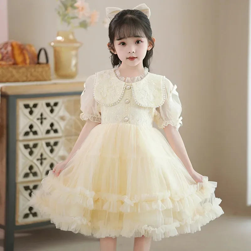 Vestido de fios macios infantil, vestido de princesa para menina, elegante, verão, 1 ° desempenho, novo