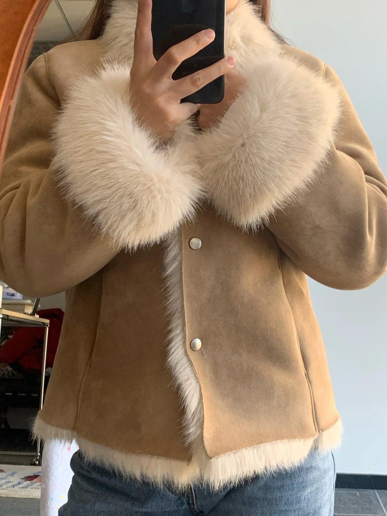 밀레니엄 레트로 스탠드 칼라 인조 가죽 퍼 일체형 바른 스타일 숏 코트 여성 패션 두꺼운 긴팔 슬림핏