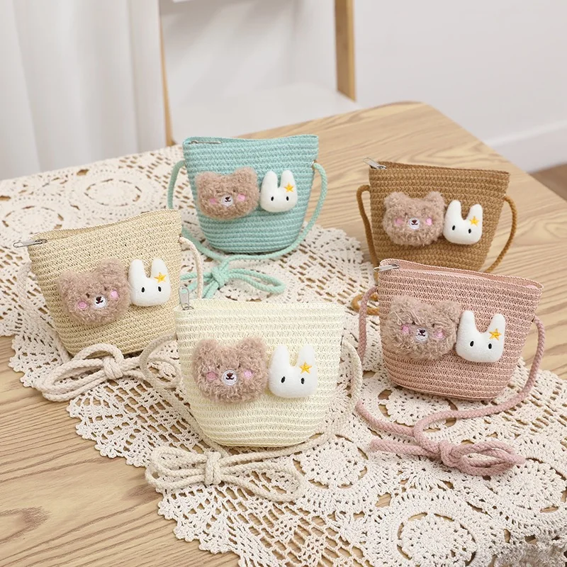 Girls' Shoulder Crossbody Bag Cartoon Bear Zipper Style Straw Baby Outdoor Mini Coin Key Bag Fashionable And Versatile Casual