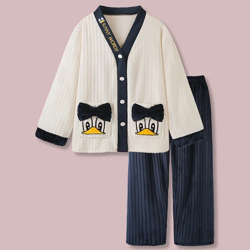 Disney Donald Duck autumn and winter flannel long-sleeved cardigan pajamas women's cartoon embroidered warm loungewear set