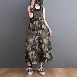 Summer New Print Strap Jean Jumpsuit Women Fashion Suspenders Jeans Vintage Casual Wide Leg Denim Rompers Loose Dungaree G1980