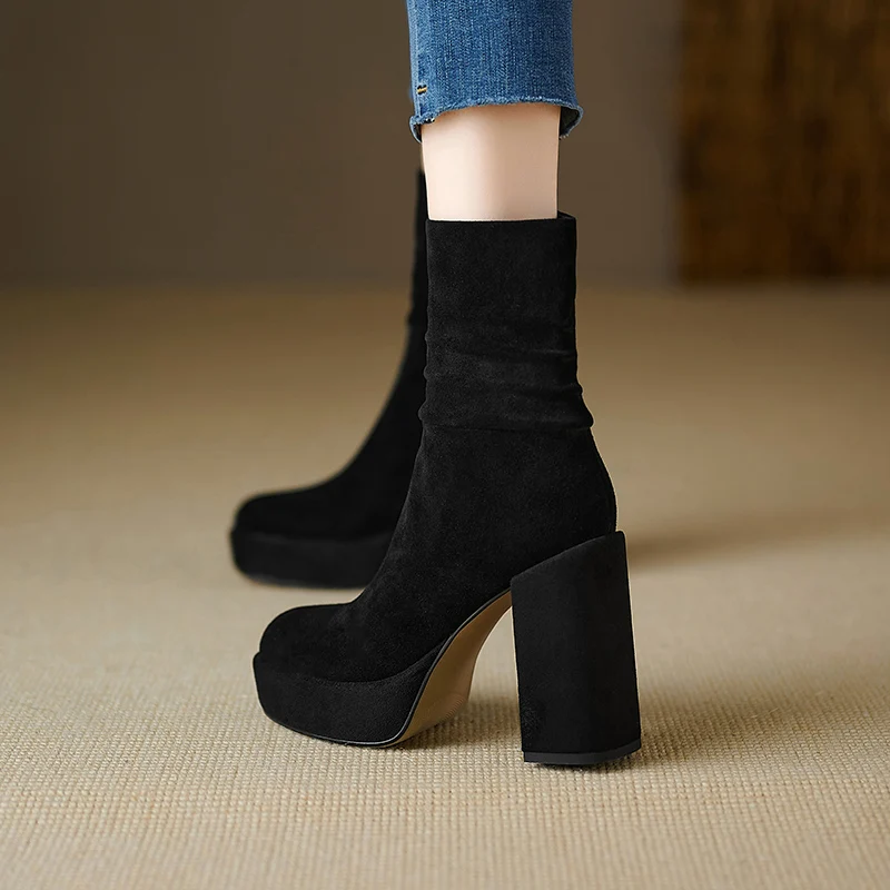 امرأة حذاء من الجلد جولة تو جلد طبيعي كتلة كعب مطوي بوتاس الجانب البريدي الخريف أحذية موضة الشتاء الدافئة بوتاس #3