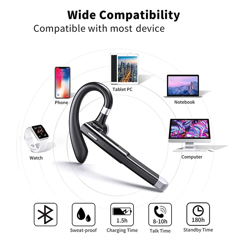 Wireless Bluetooth Headset Hands Free Single Ear Headphone Noise Cancelling Microphone for Office/Driving A