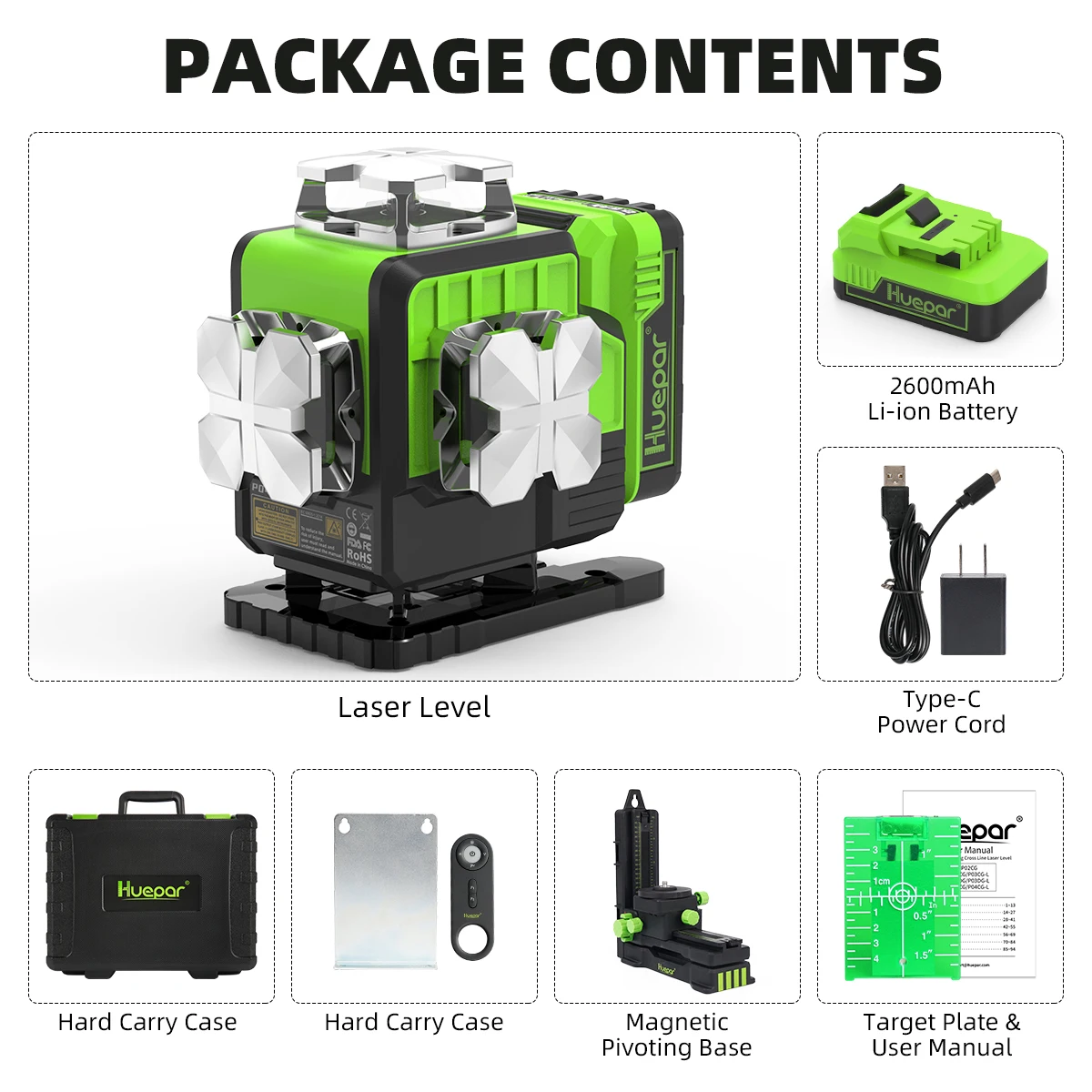 Imagem -06 - Auto-nivelamento Green Beam Bluetooth Ferramenta Laser Controle Remoto Li-ion Bateria Carry Case Rígido P04cg Nível Huepar4d