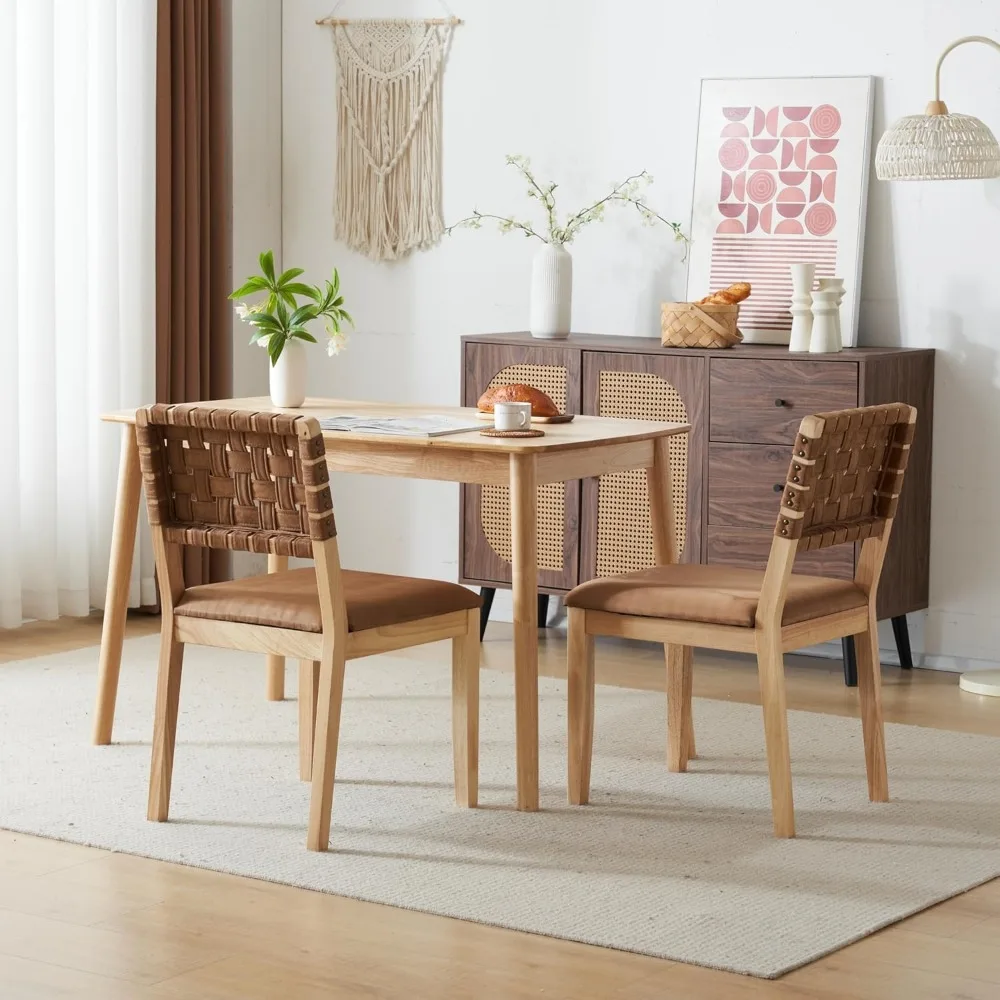 زوج من كراسي تناول الطعام الخشبية المنسوجة باللون البني العتيق، كراسي مكتب حديثة بدون ذراعين مع مسامير وأوتاد قدم، منجدة بعيدًا