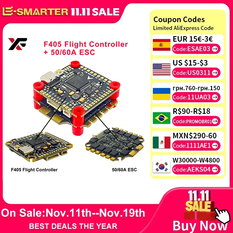 

XFlight Hobby F405 Flight Control 30.5*30.5mm With 4in1 50/60/80A BLHeli_32 ESC 2-6S Lipo F405 Flight Stack FPV Racing Drone