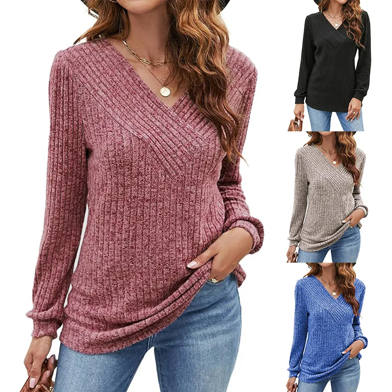 Autumn Winter V-Neck Ribbed Long Sleeve Sweatshirt Women's Plus Size