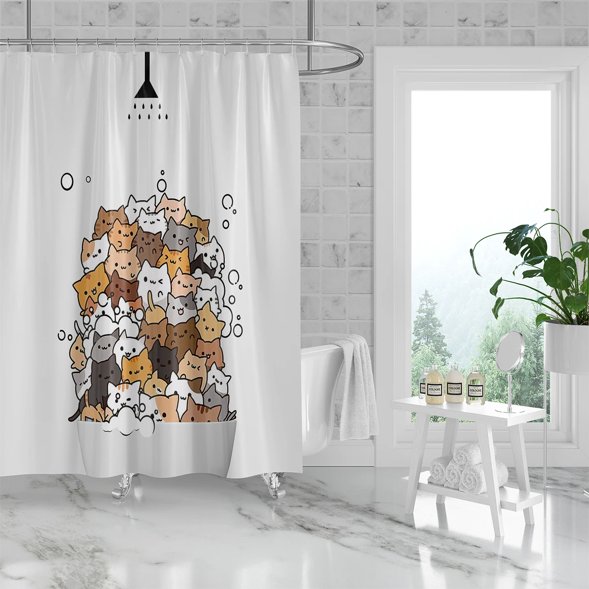 1PC cartoon cats bathing pattern printed shower curtain, waterproof, washable, with 12 hooks, bathroom shower, bathtub, home use