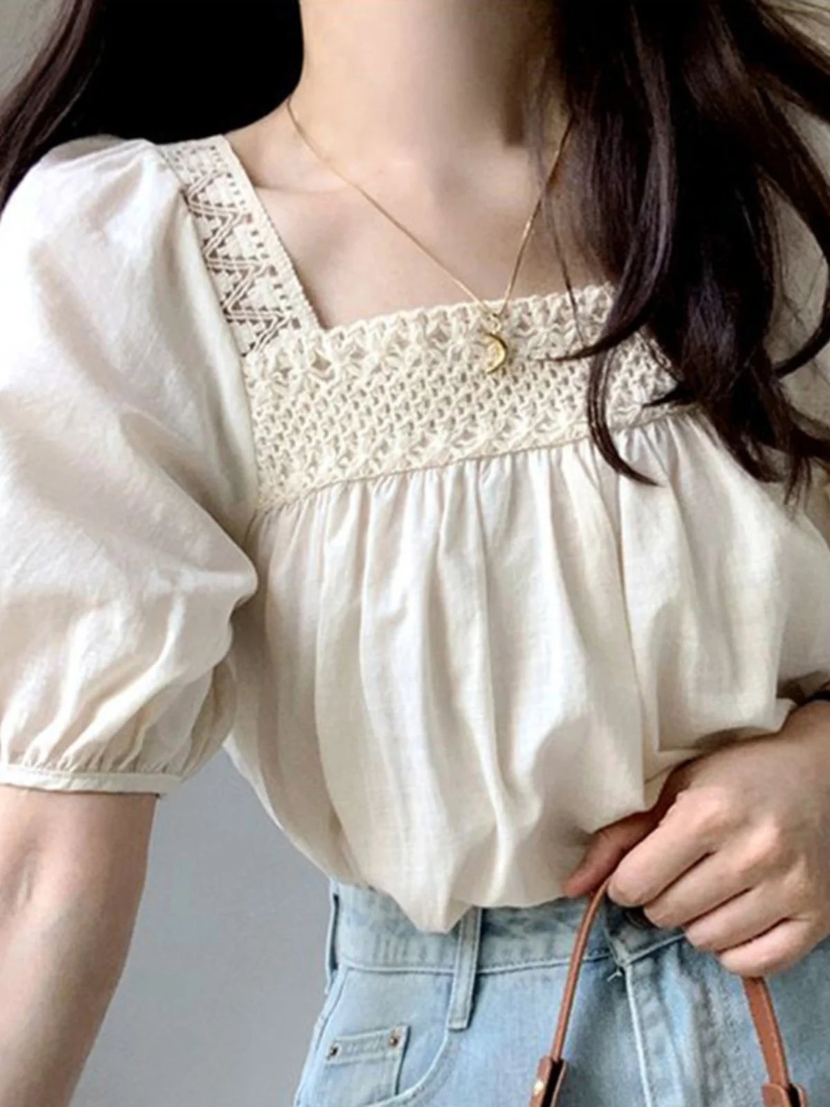 Rétro Chic dentelle garniture irt ort Sve col carré bulle ample Sve haut femmes Faionable été Blouse coréenne Sle