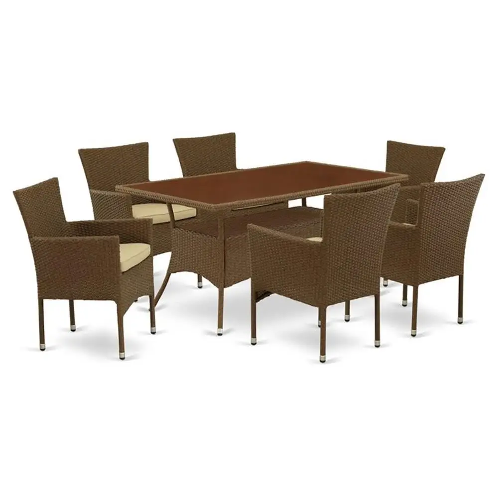 

7 Piece Outdoor Wicker Patio Furniture Sets Consist of a Rectangle Bistro Table with Glass Top and 6 Balcony Armchair