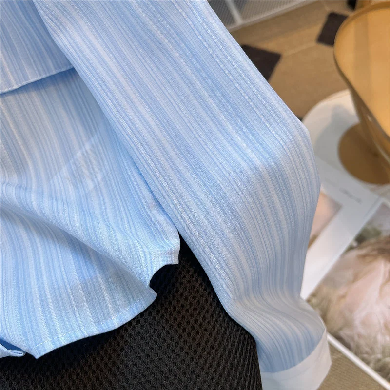 Elegant Blue Striped Long Sleeved Shirt Women Spring Summer Chic French Style Turndown Collar Blouse Temperament Button Top