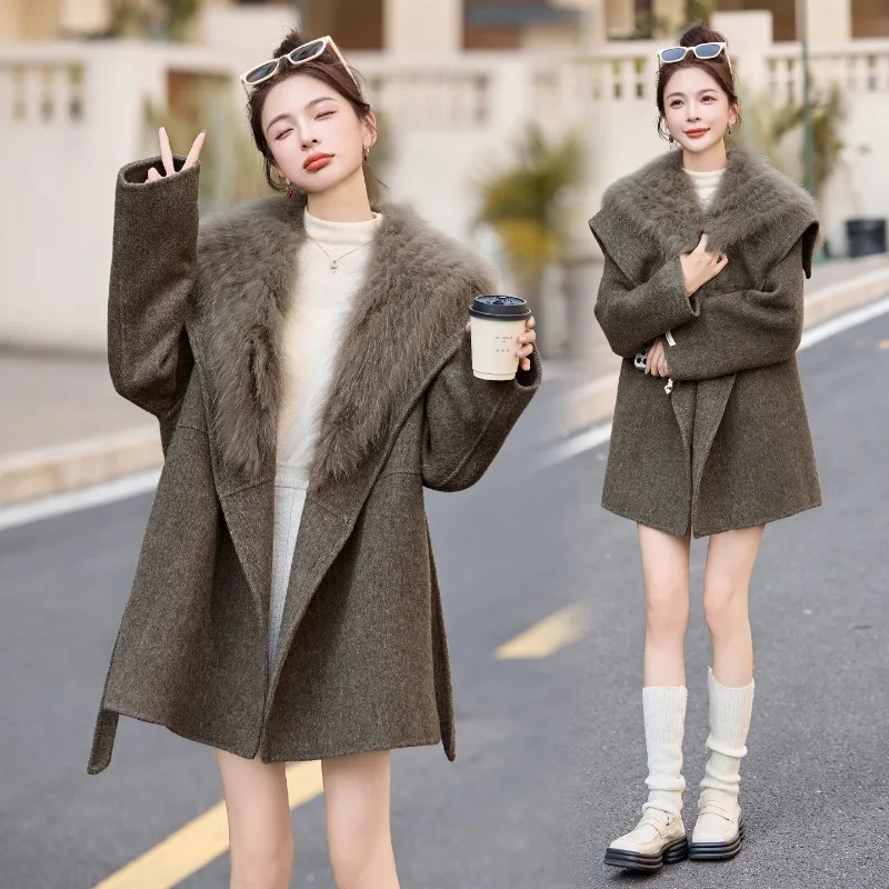 

Модное двустороннее шерстяное пальто 2026 года, женское зимнее пальто-унисекс, уличная одежда, с большим воротником из меха лисы, утепленное, свободное шерстяное пальто