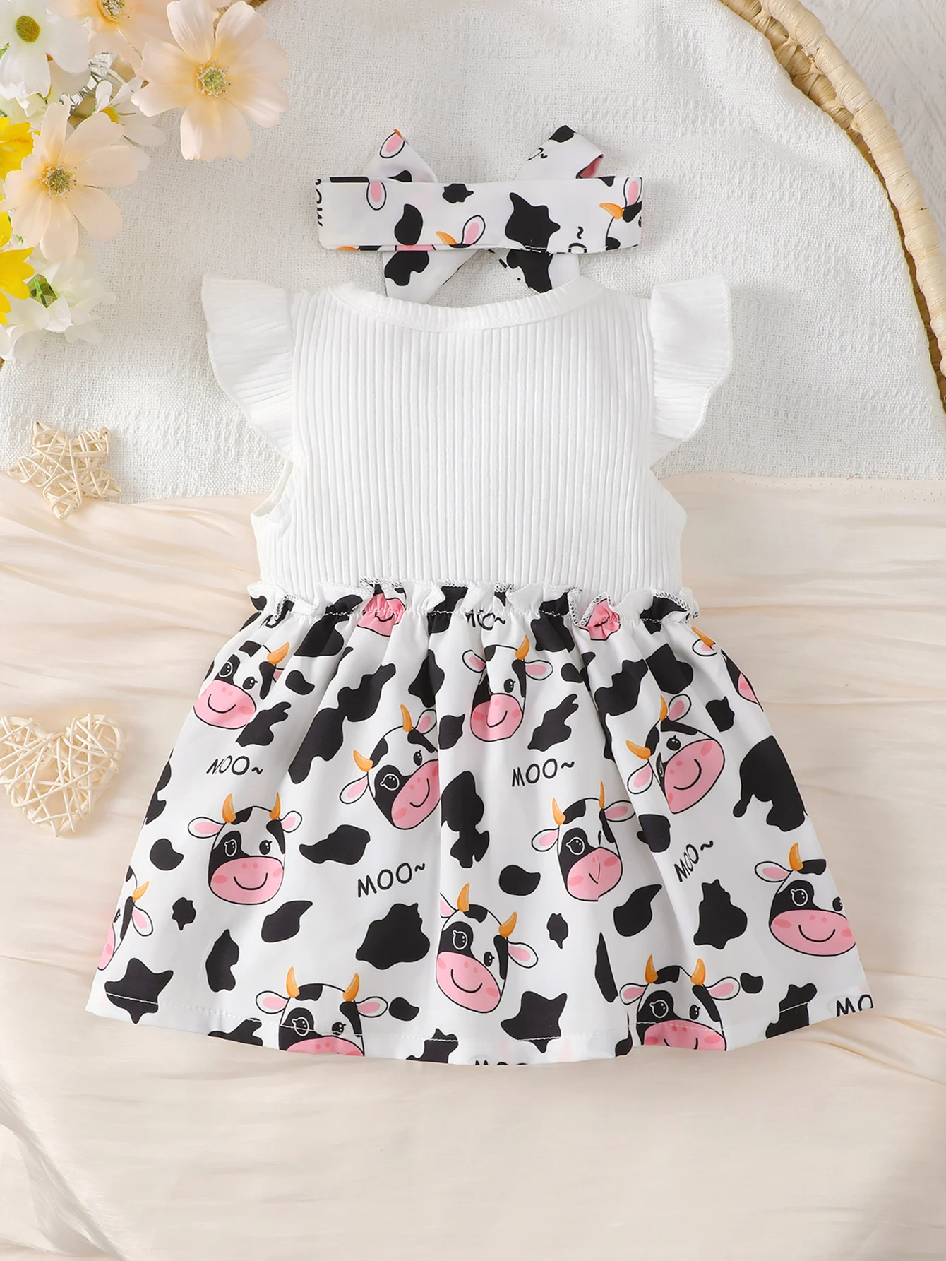 White Cute Cartoon Cow Set Dress Baby Girl Dress Bow Hair Band Skin Friendly Round Neck Flying Sleeve Mosaic Design Lively Skirt