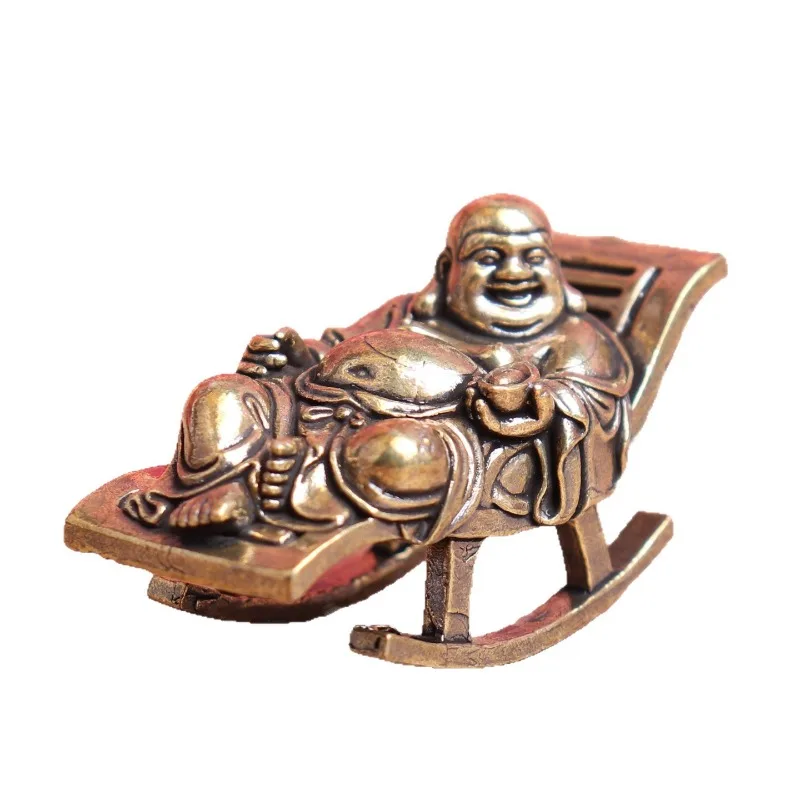 Vintage Brass Laughing Buddha Figurine Mini Happy Buddha on Rocking Chair Statue Desktop Ornament Retro Feng Shui view 5