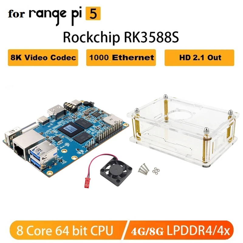 For Orangepi 5 Development Board+Case+Fan Kit RK3588S 8-Core ARM 64Bit RAM 8K Video Gigabit Wifi+BT Development Board