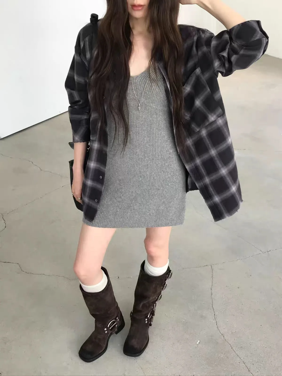 Retro Korean Plaid Shirt Long Sleeve  Collar Single Button Loose Fit Women's Autumn New Style Dongdaemun Frayed  Top