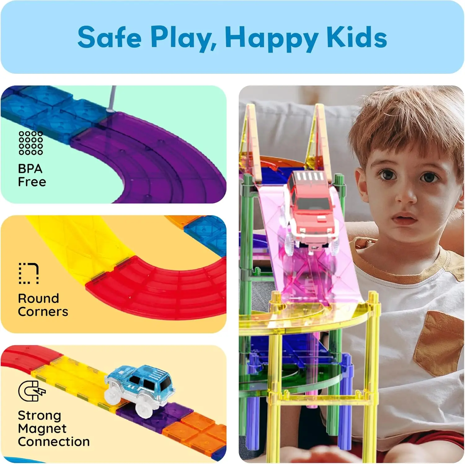 100pc Magnetic Tiles Race Track Building Set with LED Cars Adjustable Roads and Signs STEM Construction Toy Kit for Kids Educati