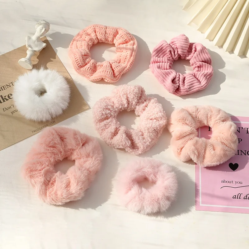 7Pcs/Set Cute Pink Plush Hair Ties Women Fluffy Ponytail Holder Hair Elastics Scrunchy Spiral Hair Ring Girl Hair Accessory