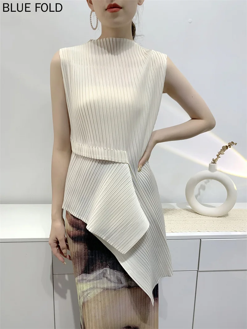 MIYAKE-Women's Half Turtleneck Irregular T-shirt, Mid-length, I-Shaped Pleats, New Style, Elegant Commuting, Summer Style