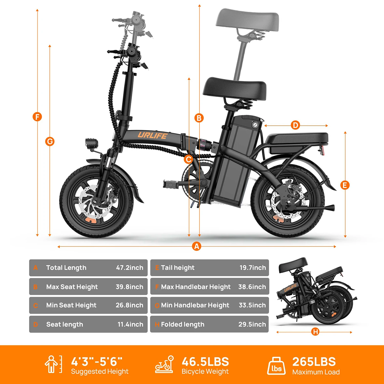 Electric Bicycle 14" Foldable Electric Bike 500W Peak Motor 48V 7.5Ah Battery Front Mid Suspension Portable E-bike F1L view 2