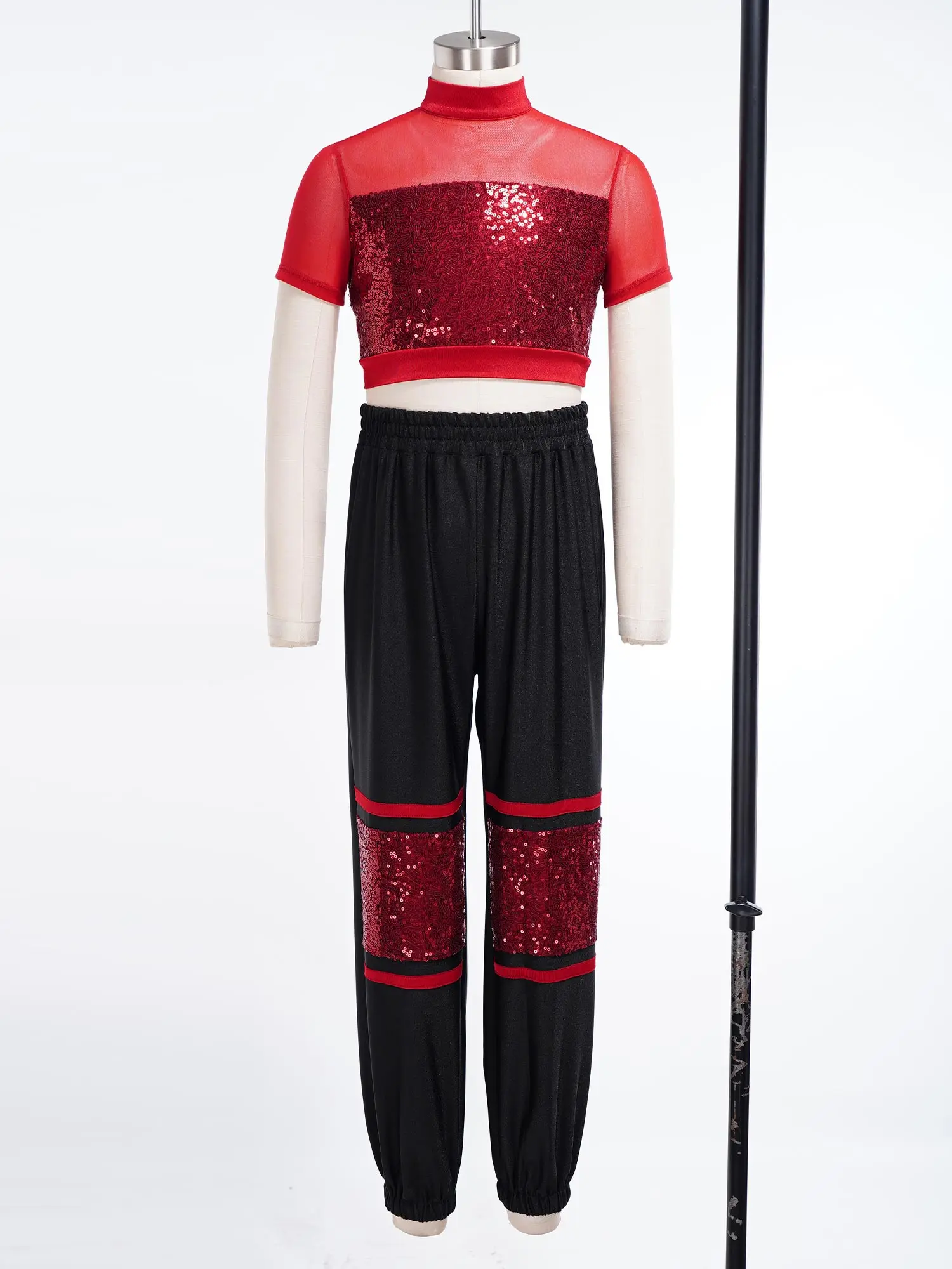 Kids Girls Hip Hop Jazz Street Dance Performance Costume Short Sleeve Shiny Sequin Mesh Crop Top with Pants Skateboard Clothes