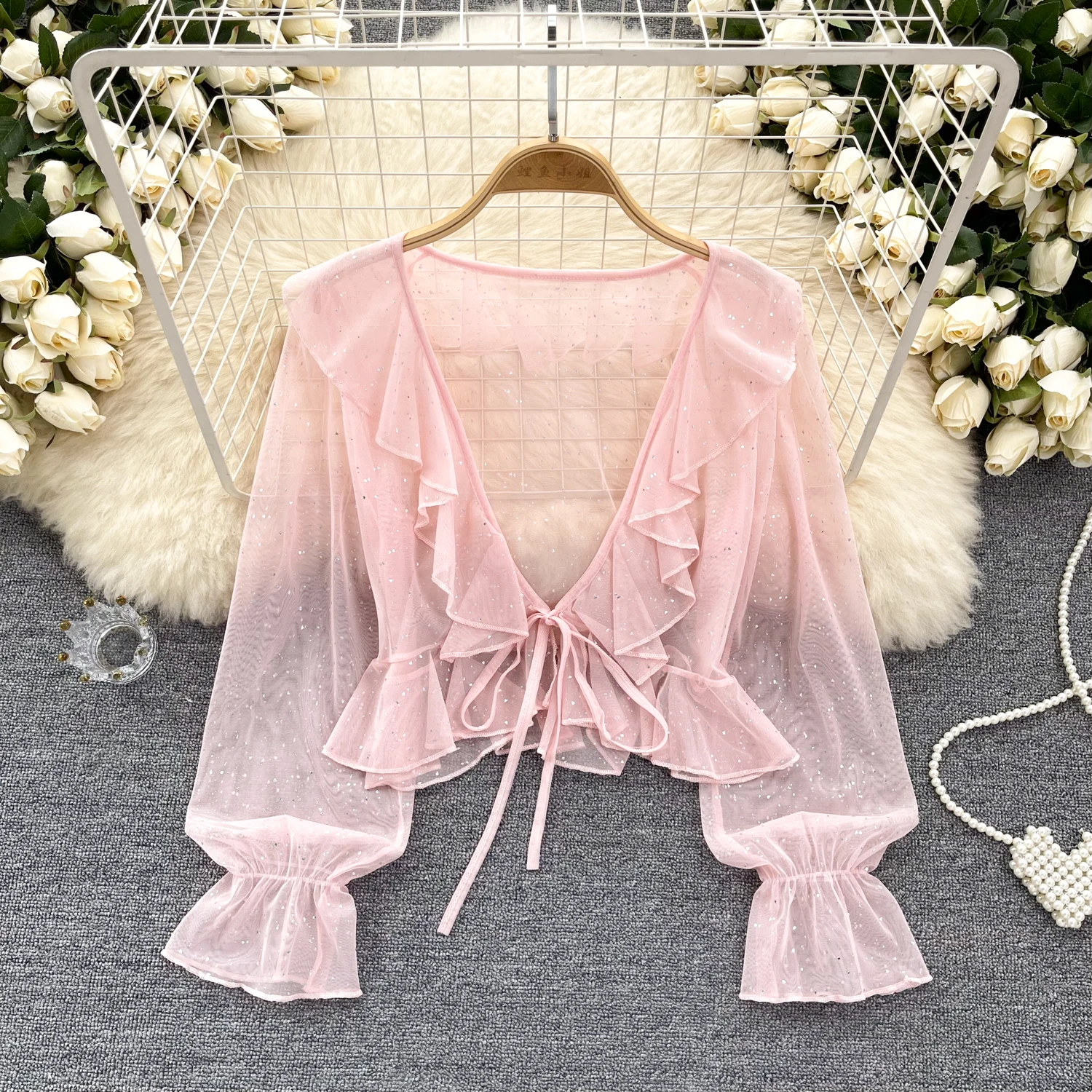 Vintage sweet Lantern Sleeve Hollow Out Ruffle Halter V-neck Blouse Elegant Korean Fashion Spring Summer Women Shirt